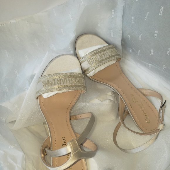 DWAY HEELED SANDAL Gold-Tone Metallic Thread Embroidered Satin - Picture 2 of 7